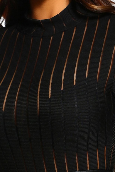 Hot Womens Bodysuit Stripe Print Long Sleeve Mock Neck Semi-sheer Skinny Bodysuit in Black