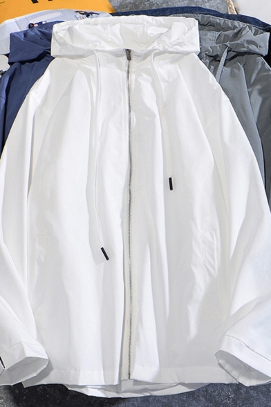 Leisure Mens Jacket Plain Long Sleeve Drawstring Hooded Zipper Front Relaxed Jacket