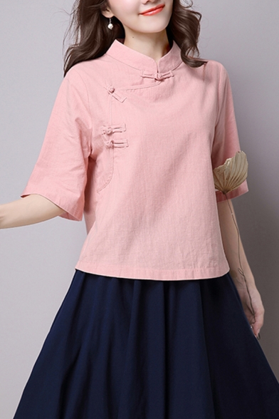 Leisure Women's Tee Top Solid Color Frog Button Detail Stand Collar Half Sleeves Regular Fitted T-Shirt