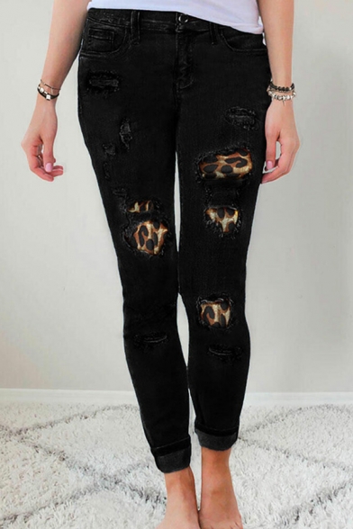 Leisure Womens Jeans Ripped Bleach Leopard Print Mid Rise Ankle Skinny Jeans