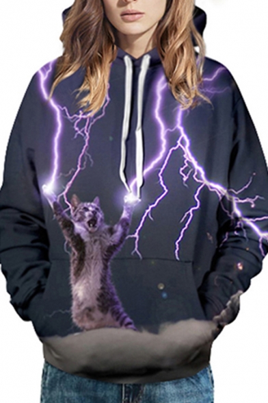 Mens Funny Hoodie Lightning Cat 3D Printed Long Sleeve Loose Fit Purple Hoodie