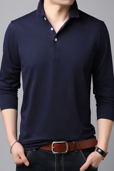Mens Leisure Plain Polo Shirt Long Sleeve Stand Collar Button Up Regular Fit Polo Shirt