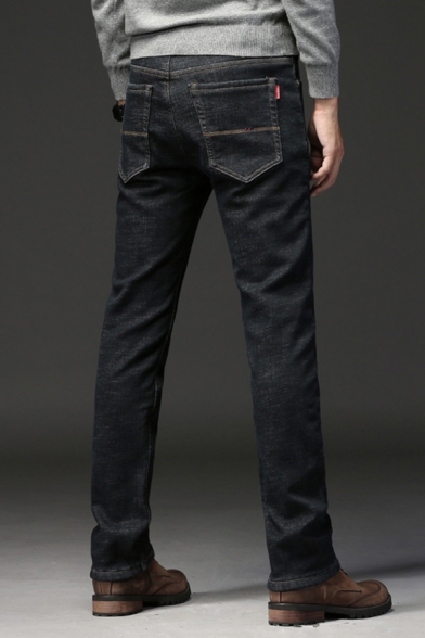 Retro Mens Business Jeans Dark Wash Thickened Zipper Fly Full Length Slim Fit Straight Jeans