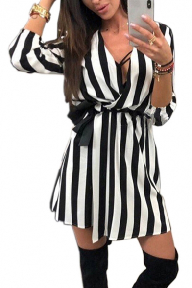 Stylish Dress White-black Stripe Print 3/4 Sleeve Deep V-neck Short A-line Dress for Women