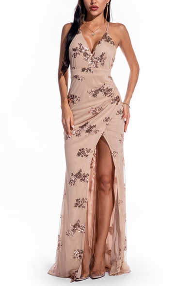 Stylish Ladies Dress Sequins Flower Print Deep V-neck High Slit Front Mesh Panel Maxi Flowy Dinner Cami Dress