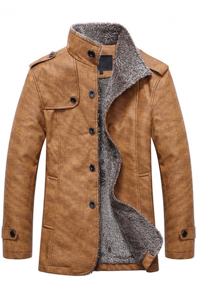 Stylish Men's Fur Coat Panel Shoulder Strap Button-down Brushed Side Pockets Long-sleeved Stand Collar Regular Fitted Fur Coat