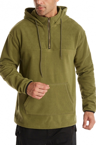 Stylish Men's Hoodie Solid Color Front Pocket Long Sleeves 1/4 Zip Collar Drawstring Hooded Sweatshirt