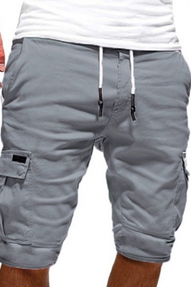 Stylish Mens Cargo Shorts Solid Color Flap Pockets Side Pockets Drawstring Waist Knee Length Shorts