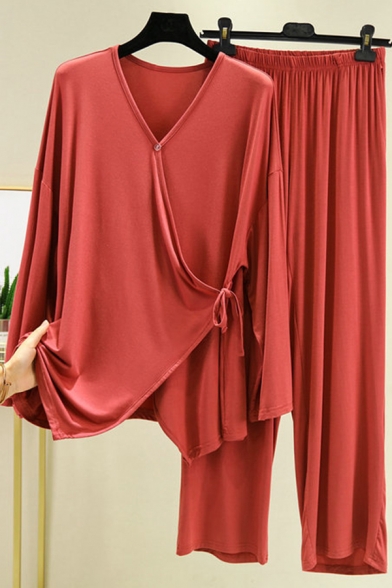 Stylish Women's Co-ords Solid Color Wrap Front Drawstring Side V Neck Long Sleeves Asymmetrical Hem Long Sleeves with Elastic Waist Long Pants Set