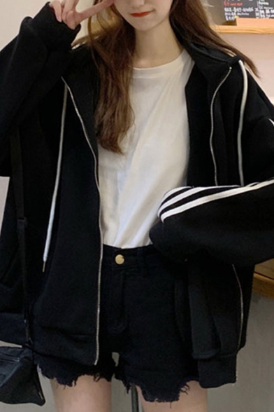 Stylish Women's Jacket Three Stripe Pattern Side Pocket Stand Collar Long Sleeves Zip Closure Drawstring Hooded Jacket
