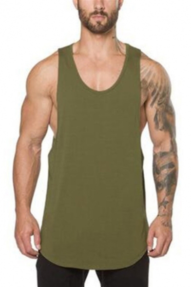 Trendy Men's Tank Top Solid Color Armhole Crew Neck Sleeveless Side Split Regular Fitted Tank Top