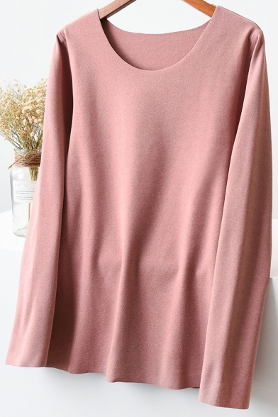 Trendy Women's Tee Top Heathered Round Neck Raw Hem Long-sleeved Regular Fitted Bottoming T-Shirt