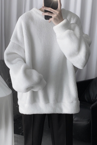 Warm Thickened Sweatshirt Fur Fleece Crew Neck Soft Brushed Long Sleeves Regular Fitted Sweatshirt