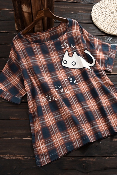 Youthful Womens Tee Top Tartan Cat Cartoon Print Rolled up Round Neck Short Sleeves Relaxed Fit T-Shirt
