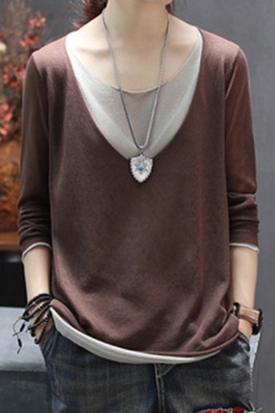 Basic Womens T-Shirt Contrast False Two Pieces Thin Long Sleeve Round Neck Relaxed Fitted Tee Top