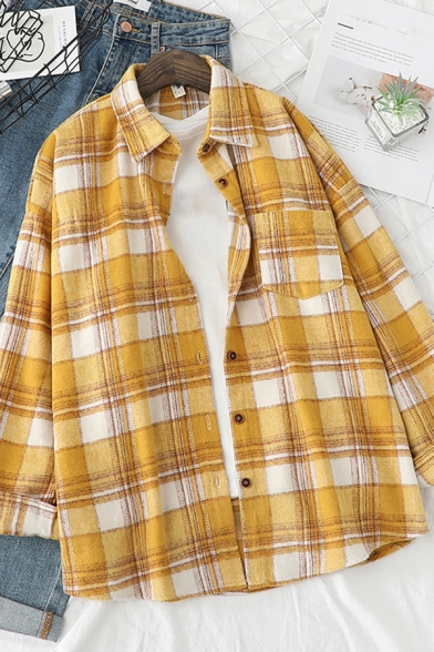 Casual Shirt Plaid Printed Long Sleeve Spread Collar Button Up Loose Fit Shirt Top