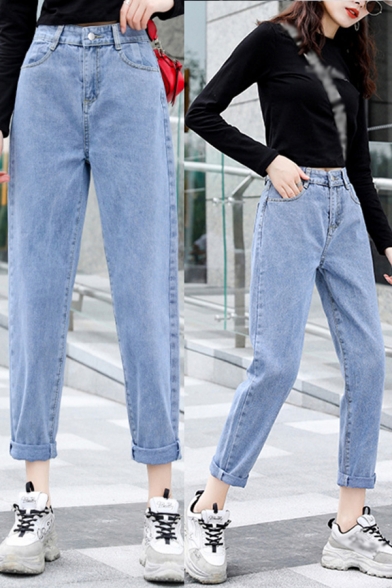 Casual Womens Jeans Mid Rise Ankle Length Tapered Fit Plain Jeans