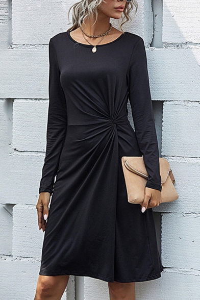 Elegant Black Long Sleeve Round Neck Twist Waist Mid A-line Dress for Ladies