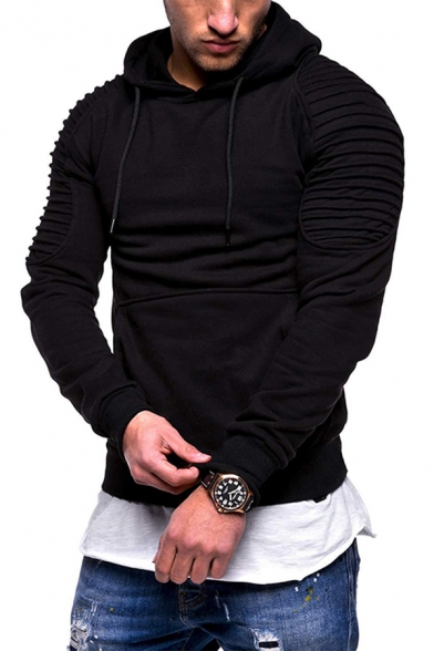 Elegant Men's Hoodie Camo Pattern Contrast Trim Kangaroo Pocket Long Pleated Sleeves Regular Fitted Drawstring Hooded Sweatshirt