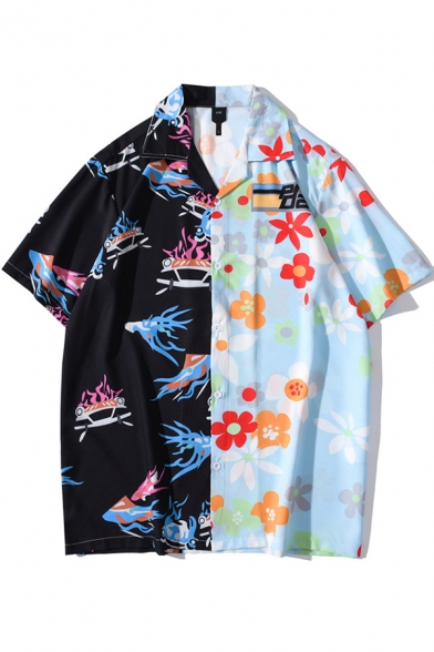 Elegant Men's Shirt Contrast Panel Cartoon Flower Pattern Button Fly Spread Collar Short Sleeves Relaxed Fit Shirt