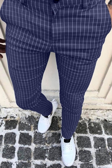 Elegant Mens Pants Plaid Pattern Zip Fly Ankle Length Mid Waist Side Pocket Ankle Length Pants