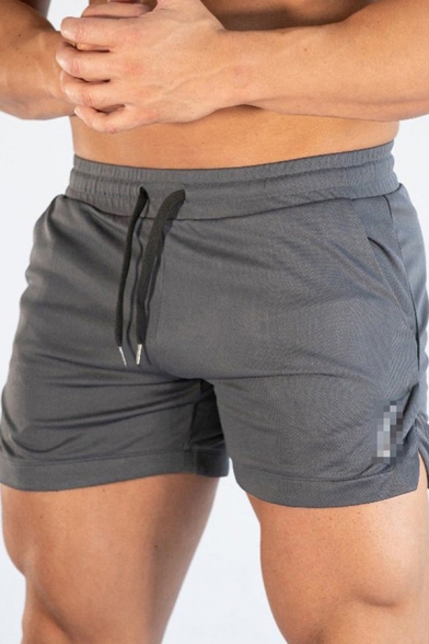 Elegant Mens Shorts Solid Color Side Pockets Side Split Drawstring Elastic Waist Regular Fitted Shorts