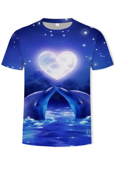 Elegant Mens Tee Top Dolphin Sweetheart Moon 3D Pattern Crew Neck Short-sleeved Regular Fitted T-Shirt