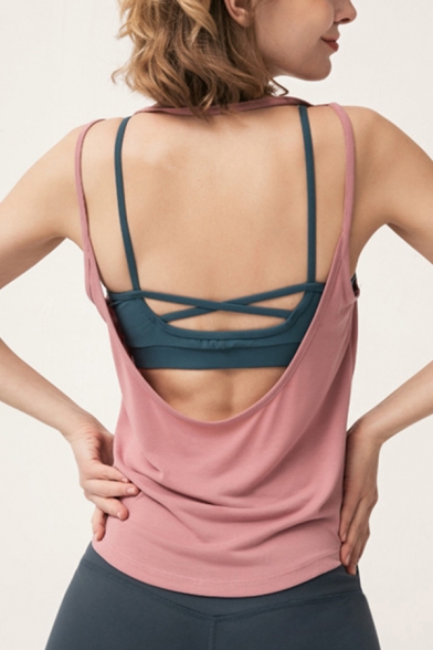 Elegant Women's Training Tank Top Contrast Color Criss Cross Hollow out Round Neck Sleeveless Backless Regular Fitted Yoga Cami Top