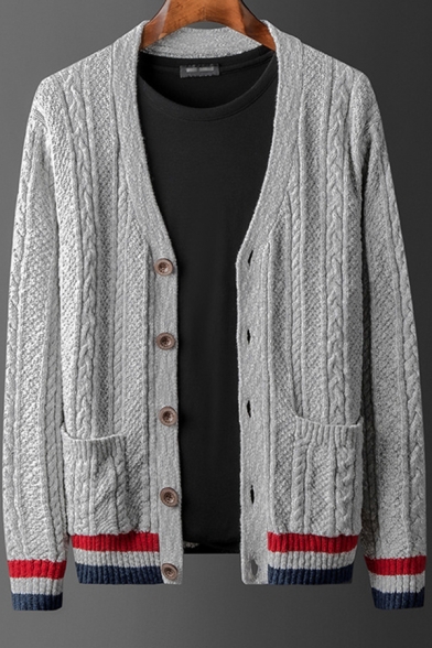 Fancy Men's Cardigan Cable Knit Button Closure Front Pocket Ribbed Trim Long Sleeves Regular Fitted Cardigan