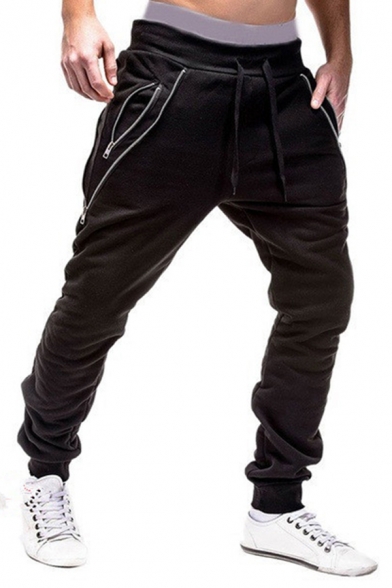 Fancy Men's Pants Contrast Stitching Zip Pockets Heathered Drawstring Low Waist Regular Fitted Long Jogger Pants