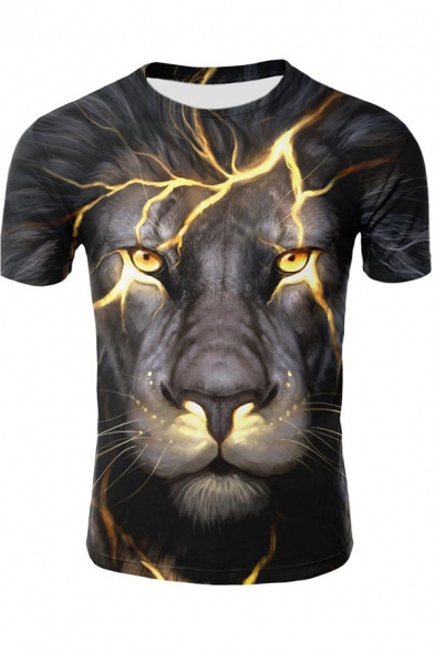 Fancy Mens Tee Top Lion lightning Lively 3D Print Crew Neck Short-sleeved Regular Fitted T-Shirt