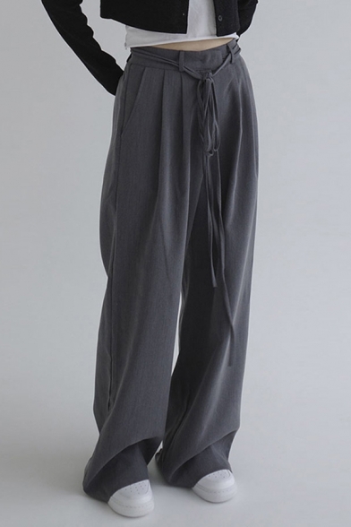 Fancy Women's Pants Plain Side Pocket Pleated Detail Drawstring Waist Long Wide Leg Pants