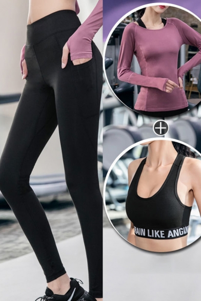 Gym Womens Set Crop Tank & Long Sleeve Tee Top & Skinny Leggings Set