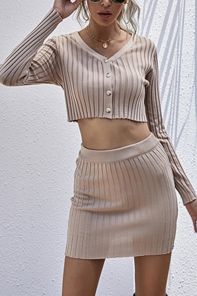 Hot Ladies Apricot Ribbed Long Sleeve Button Front Crop Tee & Mini Fit Skirt Co-ords