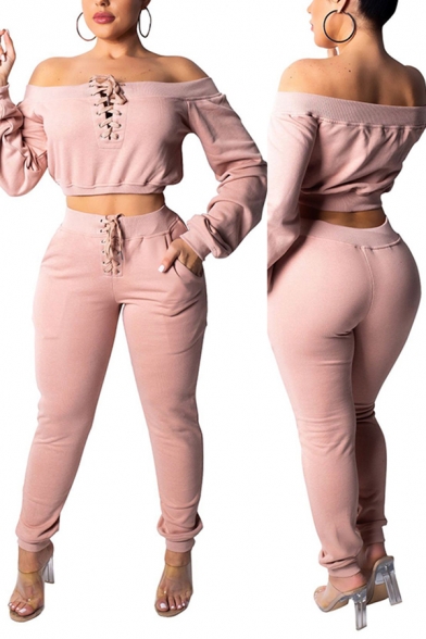 Hot Womens Set Solid Color Long Sleeve Off the Shoulder Lace Up Regular Crop Tee & Pants Set