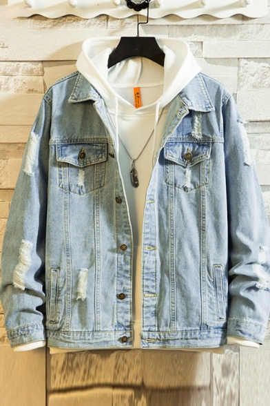 Leisure Men's Denim Jacket Distressed Frayed Flap Pocket Button Fly Long Sleeves Spread Collar Relaxed Fit Denim Jacket