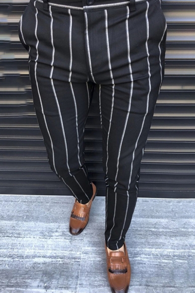 Leisure Men's Pants Stripe Pattern Mid Waist Side Pocket Ankle Length Skinny Pants