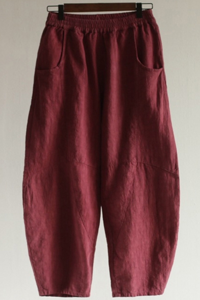 Leisure Women's Pants Solid Color Cotton and Linen Front Pocket Elastic Waist Full Length Wide Leg Pants