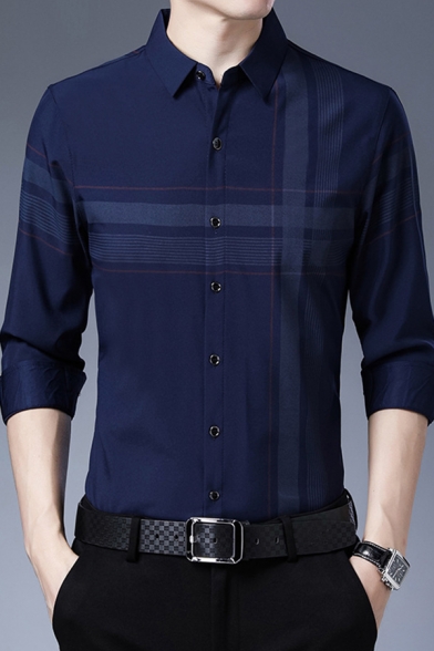 Mens Business Shirt Simple Cross Stripe Pattern Non-Ironing Button up Point Collar Slim Fit Long Sleeve Shirt