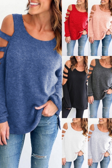 Simple Womens T Shirt Hollow Out Long Sleeve Round Neck Plain Relaxed Fit T Shirt