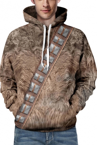 Street Boys Hoodie Fur Belt 3D Pattern Long Sleeve Drawstring Loose Fit Brown Hoodie with Pocket