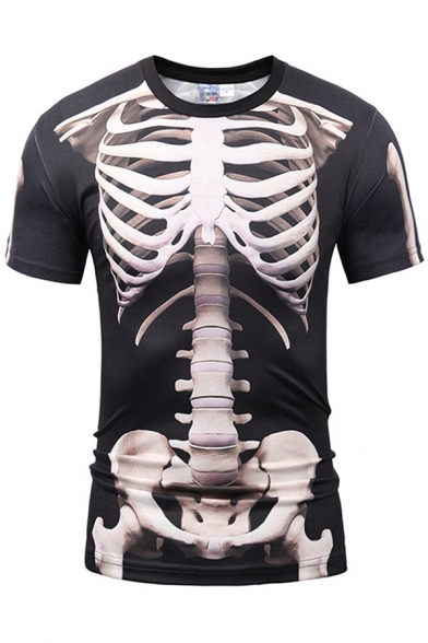 Street Mens T Shirt Skeleton 3D Pattern Short Sleeve Crew Neck Regular Fit Tee