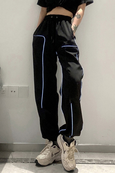 Street Pants Drawstring Waist Contrast Pipe Reflective Ankle Length Carrot Fit Pants in Black