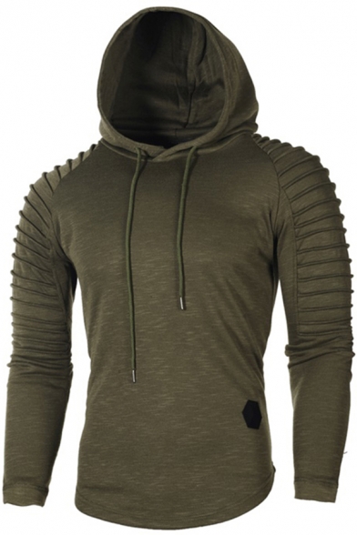 Stylish Mens Hoodie Pleated Solid Color Raglan Label Asymmetrical Hem Long Sleeves Regular Fitted Drawstring Hooded Sweatshirt