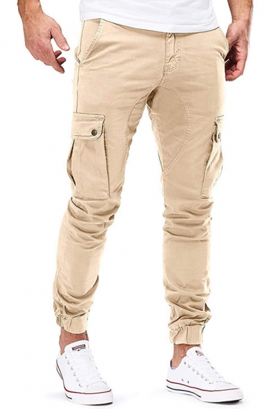 Trendy Men's Pants Solid Color Flap Pocket Banded Cuffs Ankle Length Regular Fitted Pants