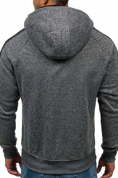 Trendy Mens Hoodie Heathered Contrast Panel Side Pocket Long Sleeves Zip Placket Regular Fitted Drawstring Hooded Sweatshirt