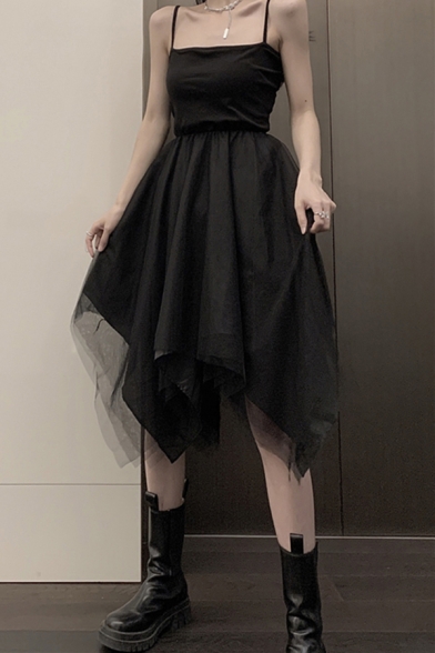 Trendy Women's A-Line Dress Patchwork Mesh Gauze Spaghetti Strap Asymmetrical Hem Sleeveless Midi A-Line Dress