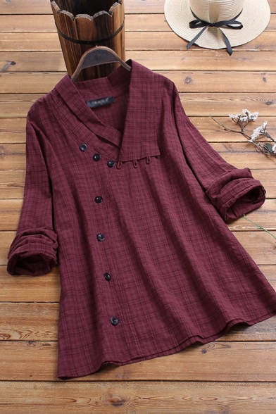 Trendy Women's Blouse Plaid Button Detail Long Sleeved Cotton and Linen Relaxed Fit Pullover Blouse