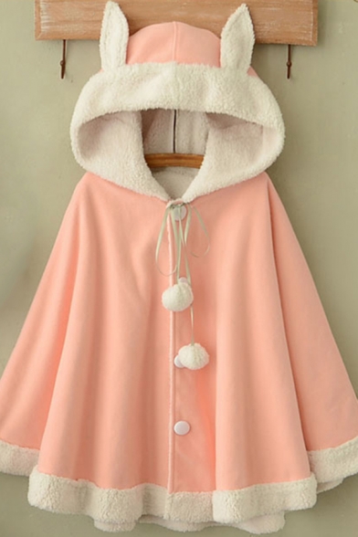 Trendy Women's Cape Coat Contrast Trim Fleece Lined Button Placket Rabbit Ear Hooded Cloak Coat