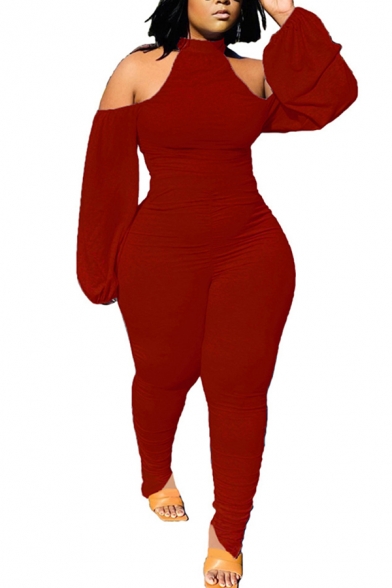 Trendy Women's Jumpsuit Solid Color Hollow out Mock Neck Long Bishop Sleeves Ruched Stacked Long Jumpsuit
